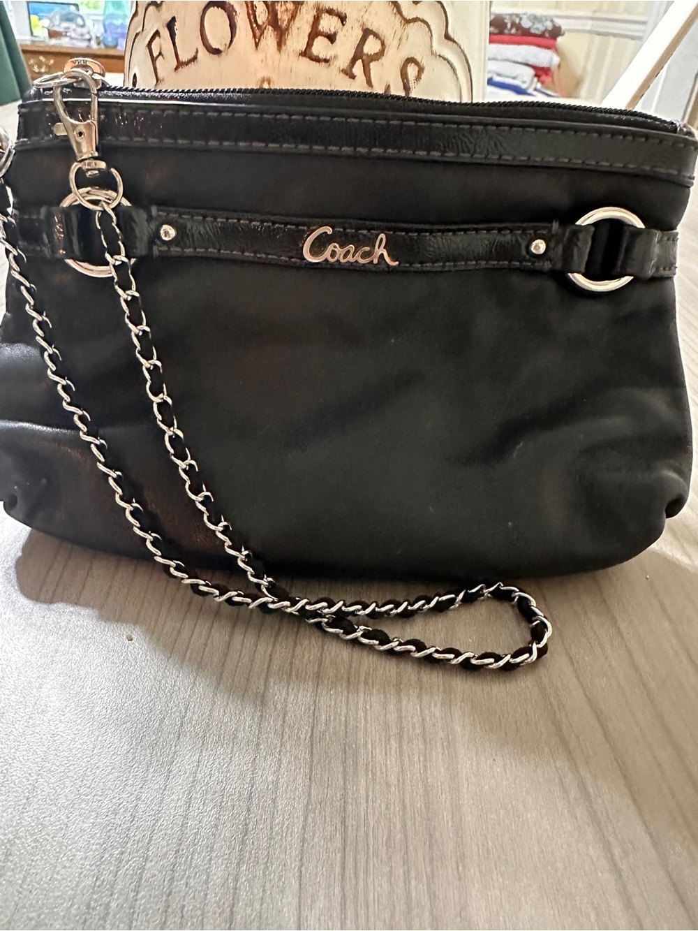 Coach Black Nylon Wristlet with Silver Chain